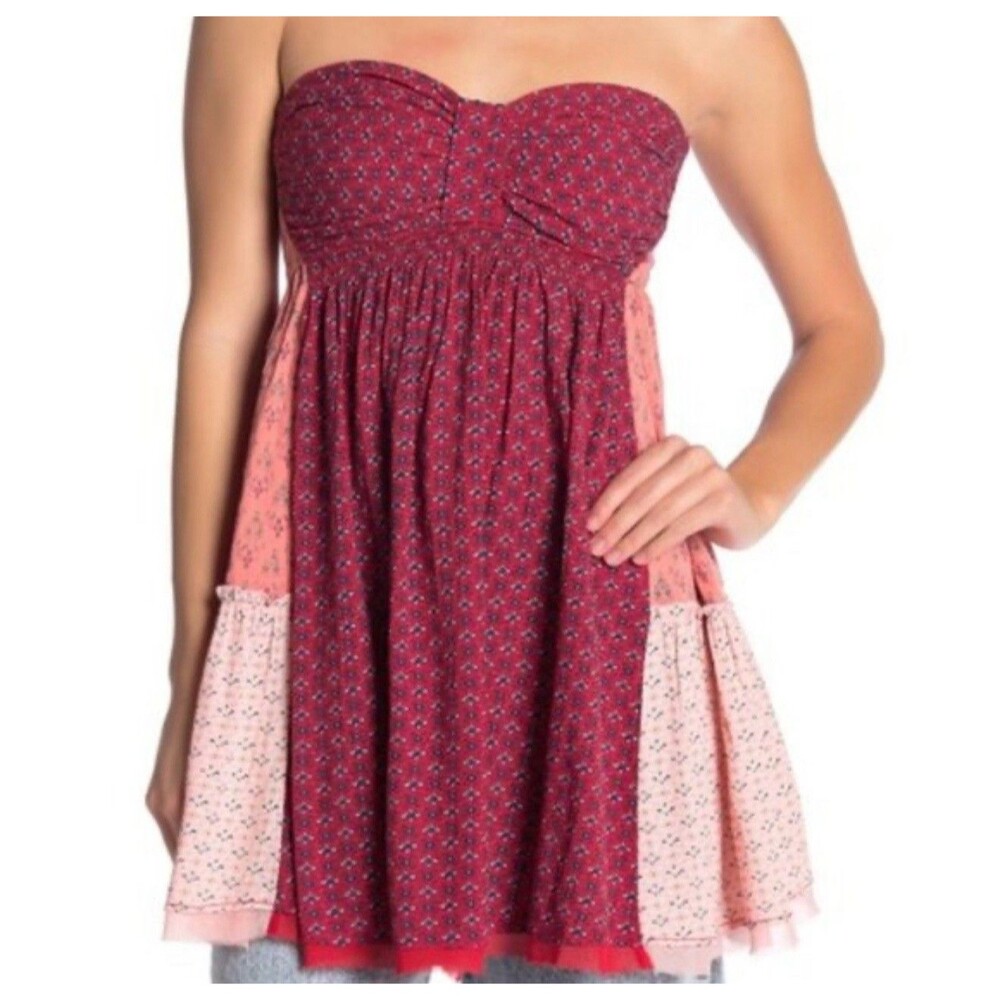 Free People Strapless Mixed Print Babydoll Top in Burgundy and Pink